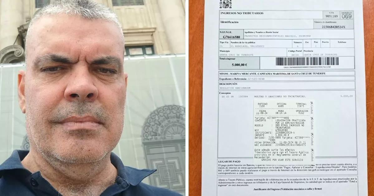 El presidente de Promemar, Conrado Cabeza, frente al Cabildo de Tenerife, y el justificante del pago de la multa / PROMEMAR