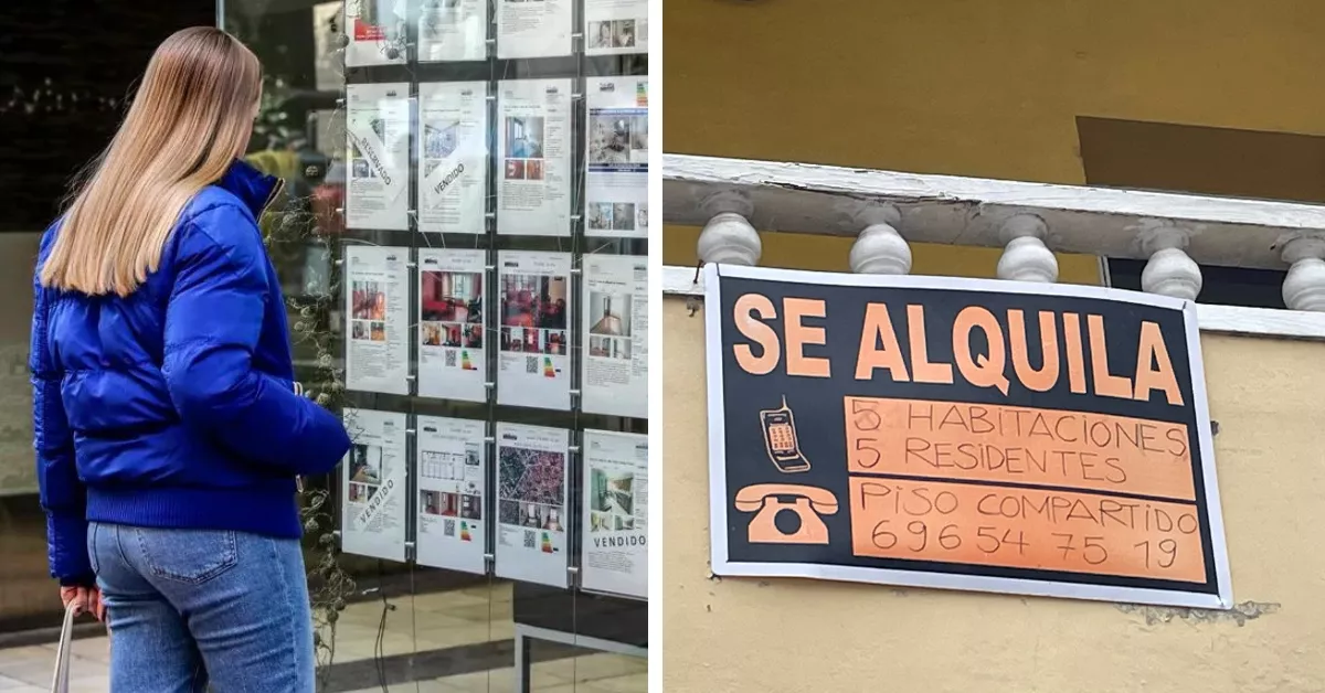 A la izquierda, una chica mira pisos de una inmobiliaria; a la derecha, un cartel para alquilar por habitaciones / MONTAJE AH
