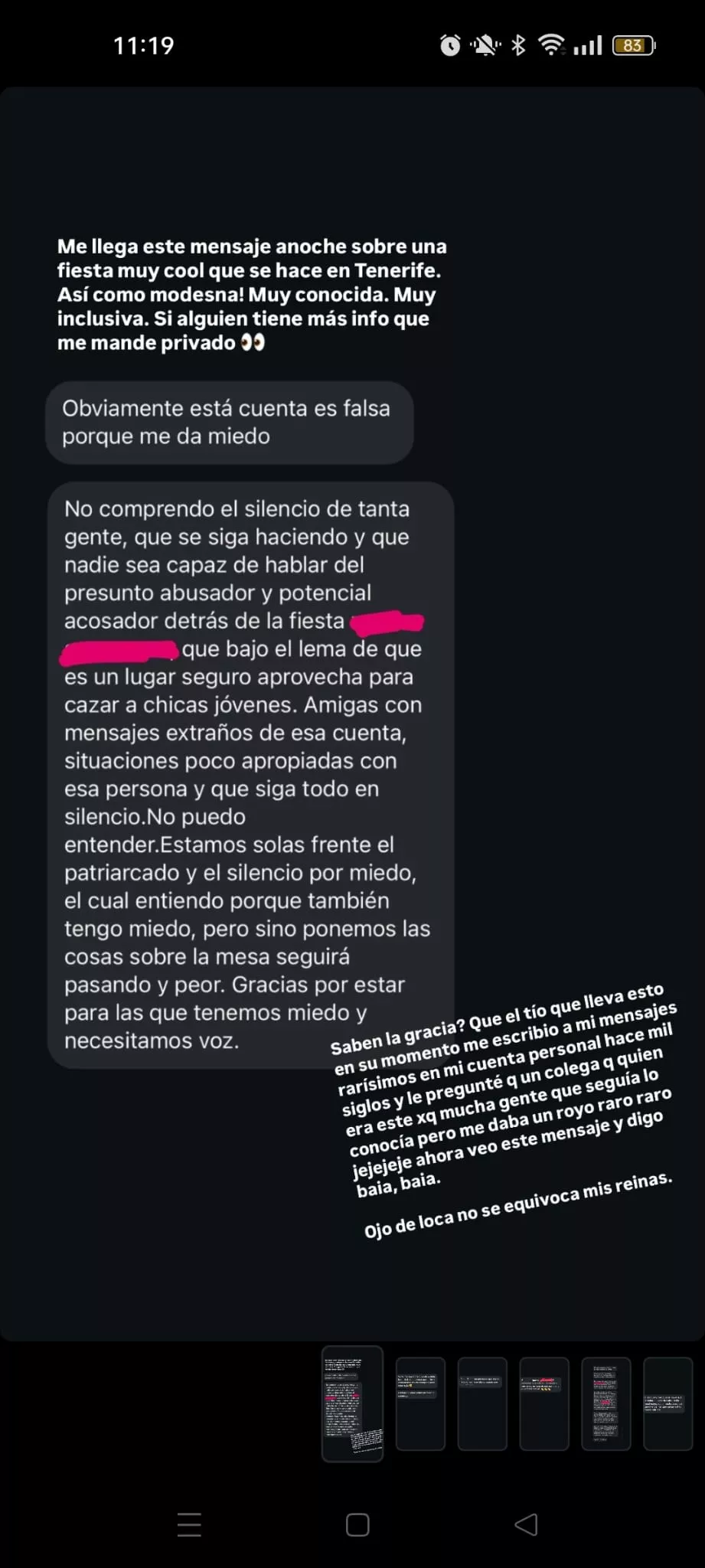Mensajes recibidos por 'Hasta el Konejo' sobre el presunto acoso de un famoso organizador de fiestas canario./ HEK Mensajes recibidos por 'Hasta el Konejo' sobre el presunto acoso de un famoso organizador de fiestas canario./ HEK