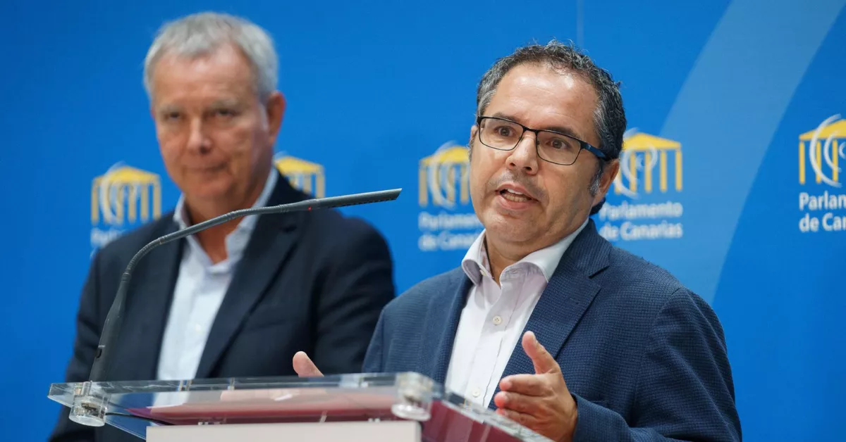 El diputado del grupo Socialista, Gustavo Santana (d), y el portavoz, Sebastián Franquis, durante una rueda de prensa sobre Proposición de Ley para la introducción de camas elevables en el sector hotelero./ EFE/RAMÓN DE LA ROCHA