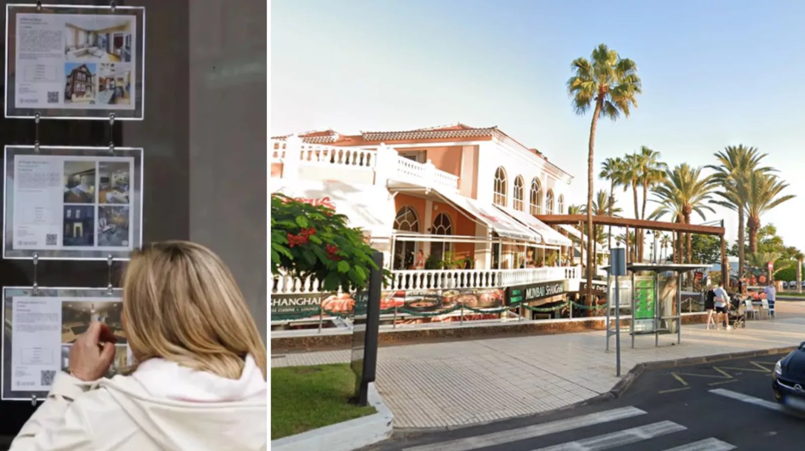 Montaje de una mujer observa el escaparate de una inmobiliaria y la calle de Arona donde se crea la empresa TRG Lounge./ AH