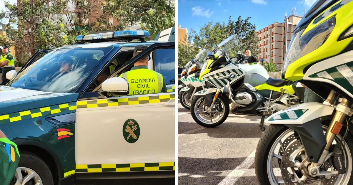 Coches y motos de la Guardia Civil de Tráfico en Santa Cruz de Tenerife, que han sido utilizados por alumnos de un colegio en un acto este viernes./ AH