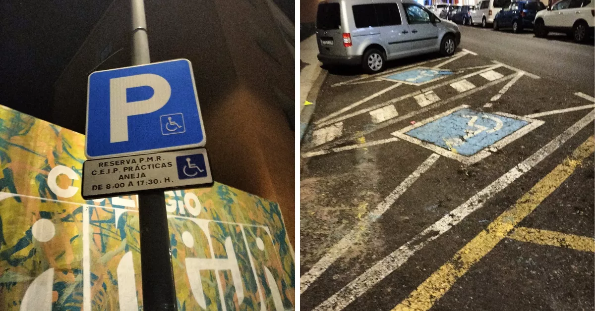 Plazas reservadas para personas con movilidad reducida junto al CEIP Aneja en La Laguna./ CEDIDAS Plazas reservadas para personas con movilidad reducida junto al CEIP Aneja en La Laguna./ CEDIDAS