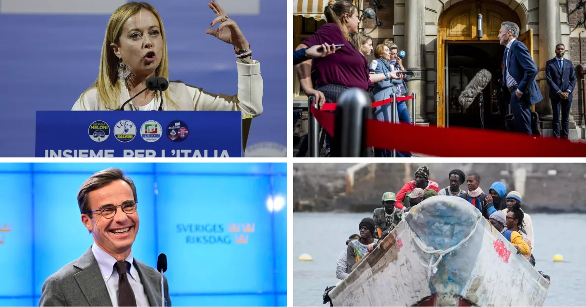 Los primeros ministro de Italia, Países Bajos y Suecia junto a una imagen de migrantes / MONTAJE AH