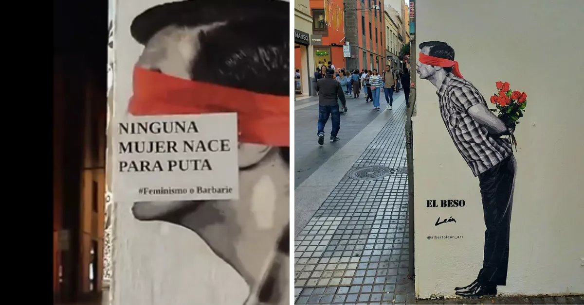 Pegatina colocada sobre el mural 'El Beso' del artista tinerfeño Alberto León en Santa Cruz de Tenerife./ MONTAJE AH