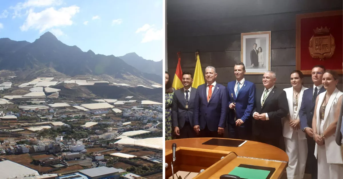 A la izquierda, imagen de La Aldea de San Nicolás; a la derecha, imagen de la toma de posesión del alcalde / MONTAJE AH