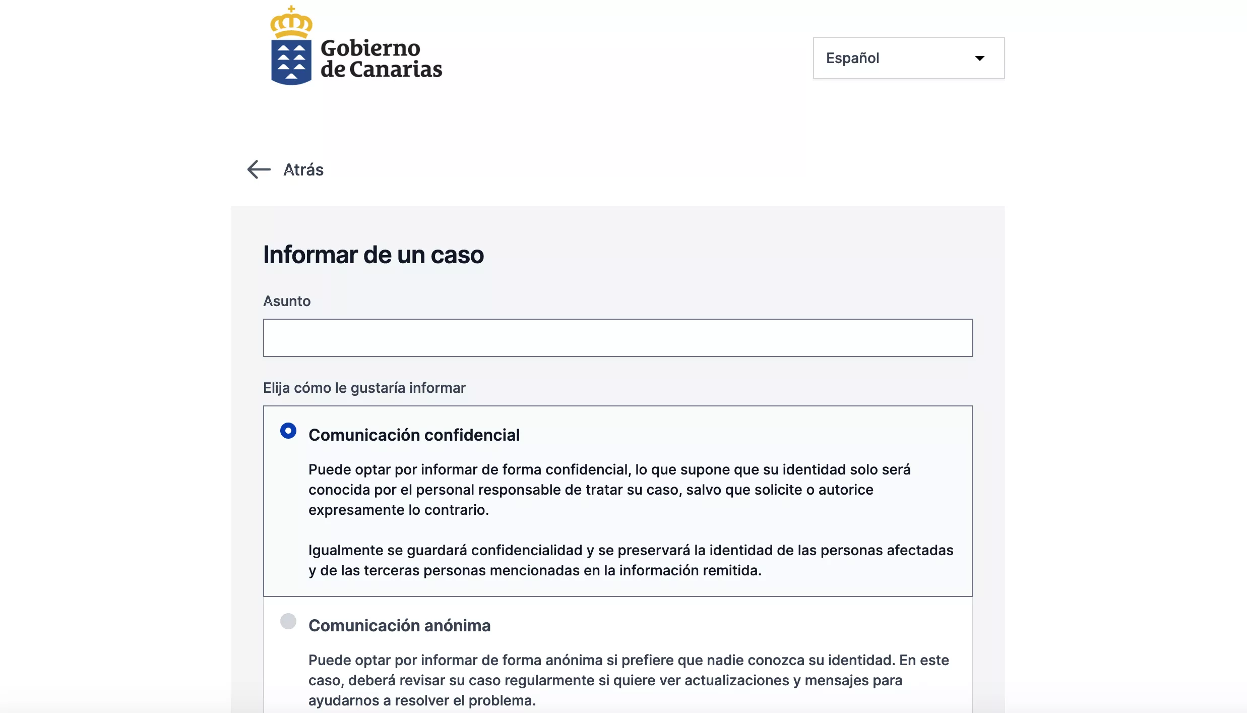 Captura de pantalla de la Plataforma Tecnológica de Gestión del Sistema Interno de Información de Infracciones Normativas del Gobierno de Canarias./  