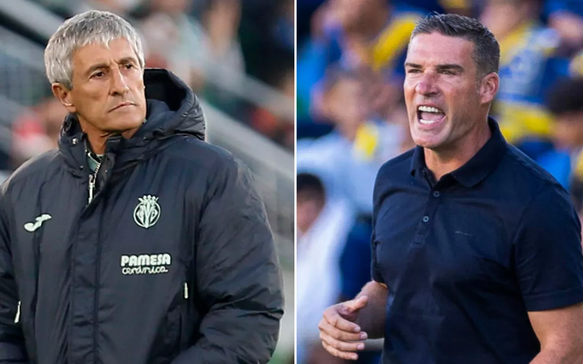 Quique Setién, durante un partido al frente del Villarreal CF; a la derecha, Luis Carrión da instrucciones a sus jugadores en el partido UD Las Palmas-Betis. / EFE