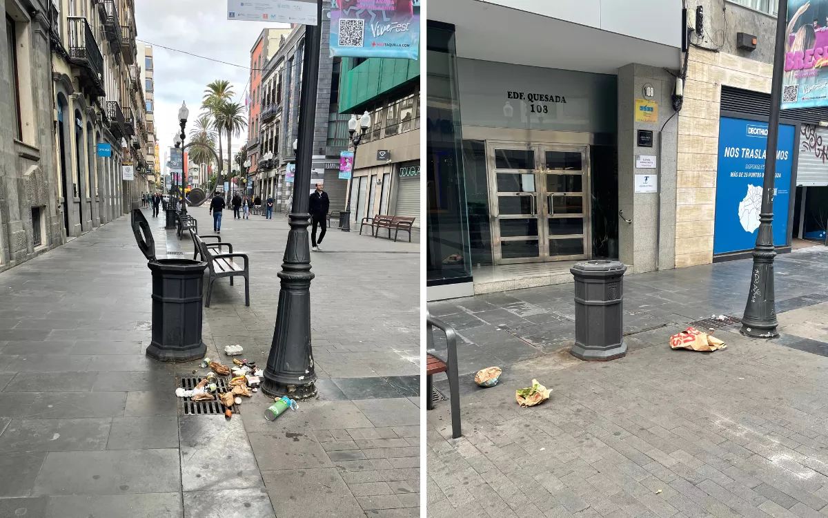 El PP critica que "el PSOE ha demostrado, tras 10 años de gobierno, que no puede mantener limpia Las Palmas". Imagen reciente de la calle Triana con restos de basura en la calle. / AH