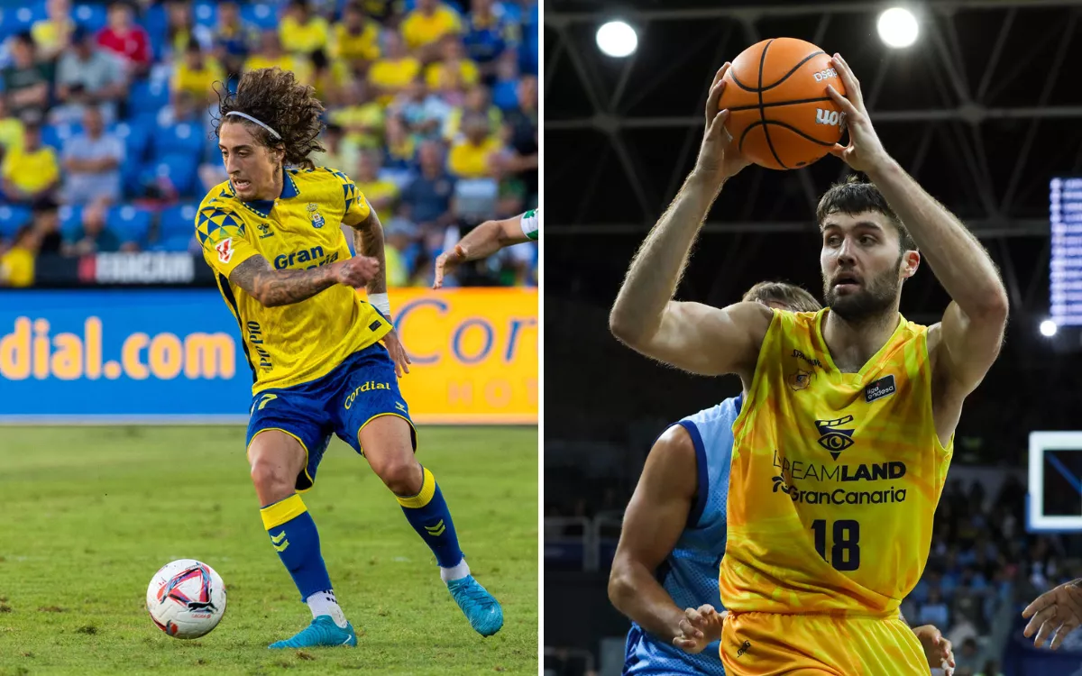 La UD Las Palmas y el Granca afrontan más presión fiscal que la mayoría de sus competidores. En la imagen, Fábio Silva y Mike Tobey en dos partidos recientes de ambos equipos. / QUIQUE CURBELO Y FERNANDO GALINDO-EFE