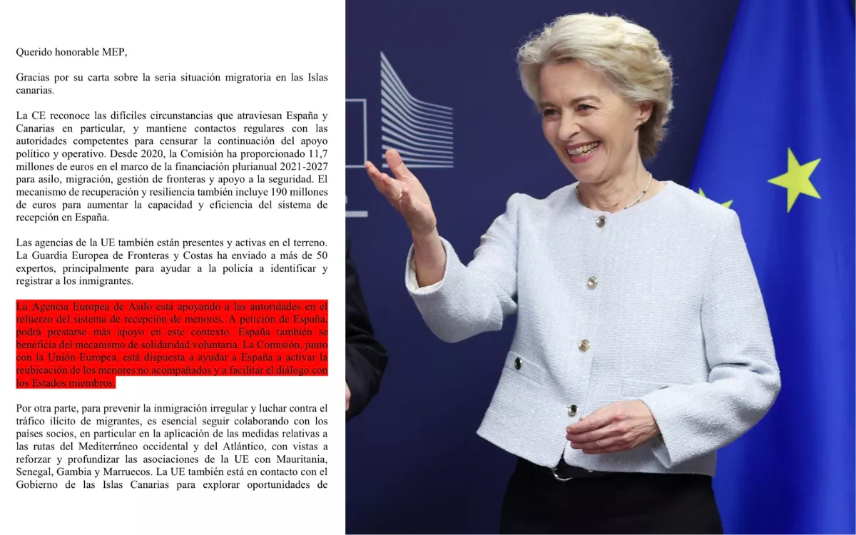 A la izquierda, la primera página de la carta enviada por Ursula Von der Meyer, presidenta de la Comisión Europea y que aparece en la imagen de la derecha. / OLIVIER HOSLET-EFE