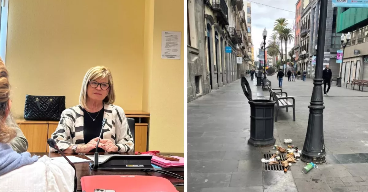 A la izquierda, Inmaculada Medina; a la derecha, suciedad en Triana / AH