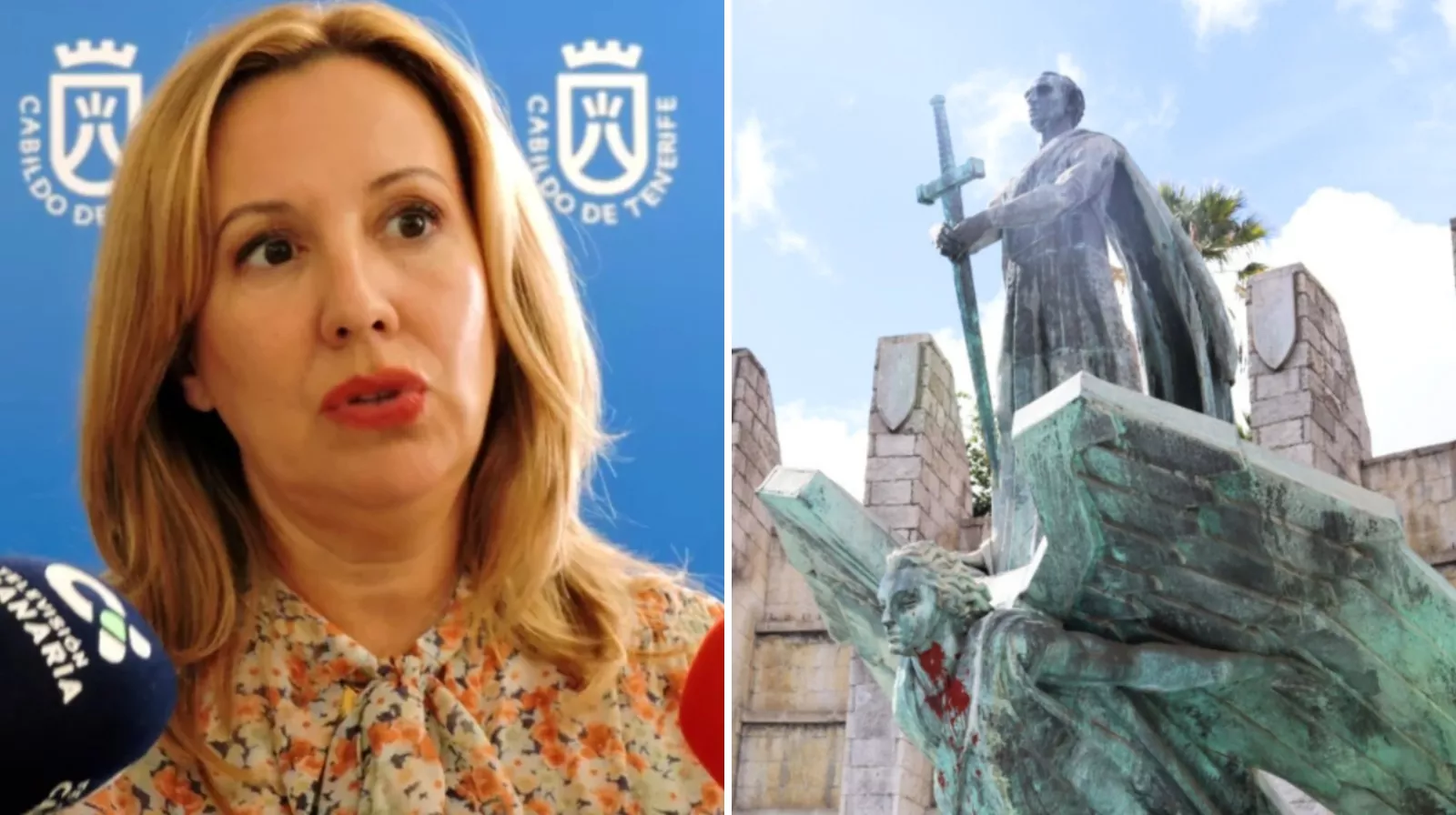 La presidenta del Cabildo de Tenerife, Rosa Dávila, y el monumento a Franco./ MONTAJE AH