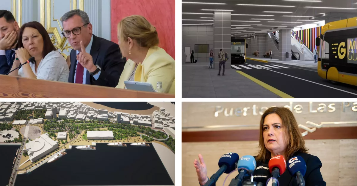 El concejal de Urbanismo, Mauricio Roque; un boceto del paso inferior; un boceto del proyecto puerto-ciudad; y la presidenta de la APLP, Beatriz Calzada / MONTAJE AH