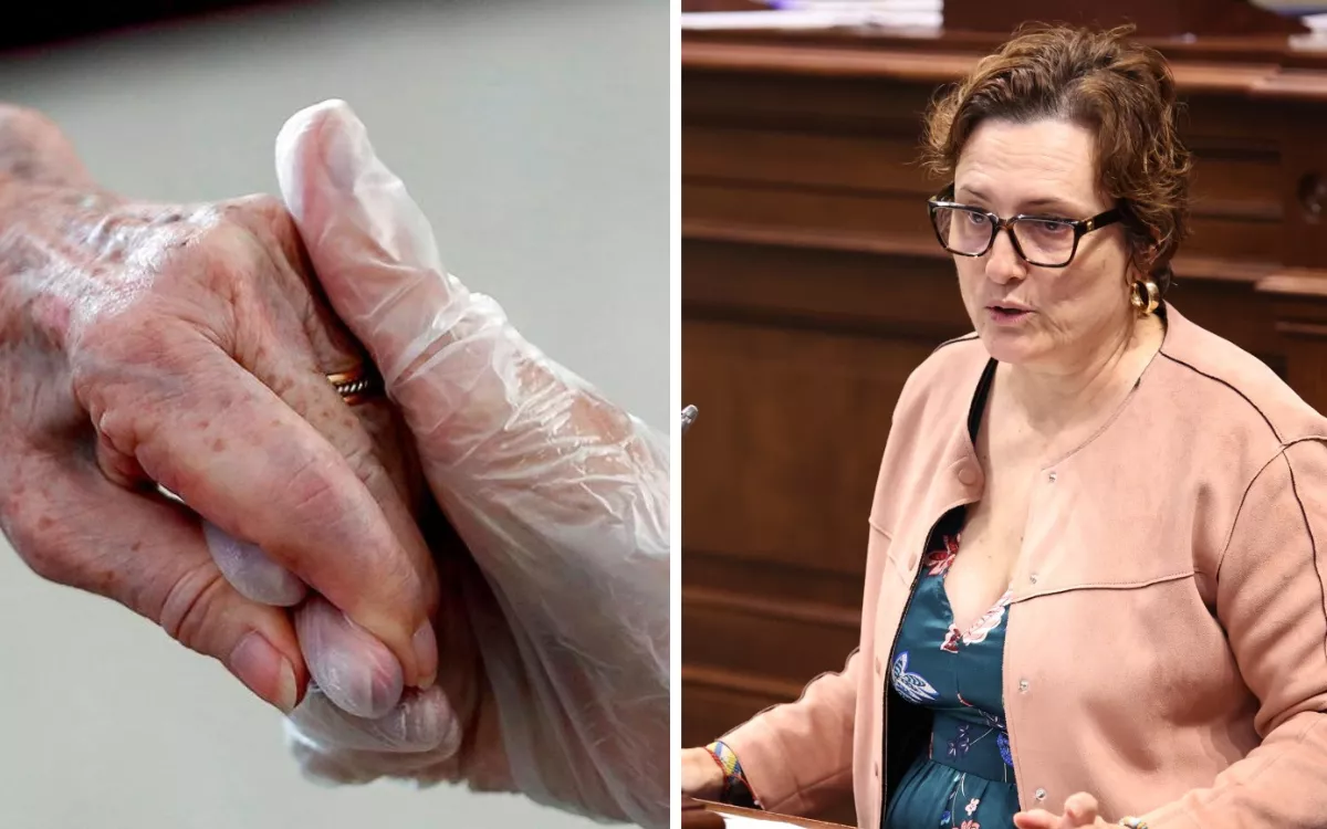 En las imágenes, una persona mayor que recibe asistencia (i) y Candelaria Delgado (d), consejera de Bienestar Social del Gobierno de Canarias. / AH