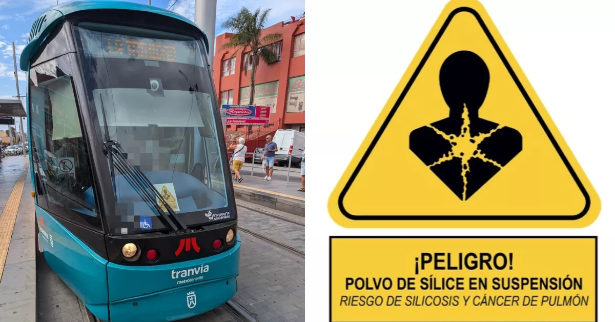 Cartel colocado en las cabinas de varios tranvías en Tenerife alertando del polvo de sílice./ TRABAJADORES TRANVÍA