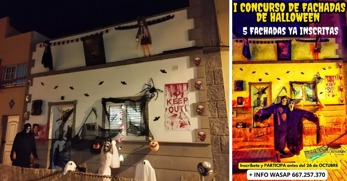Una fachada de San Andrés adornada con motivos de Halloween en 2023 y el cartel anunciador del concurso / AA.VV EL PESCADOR DE SAN ANDRÉS