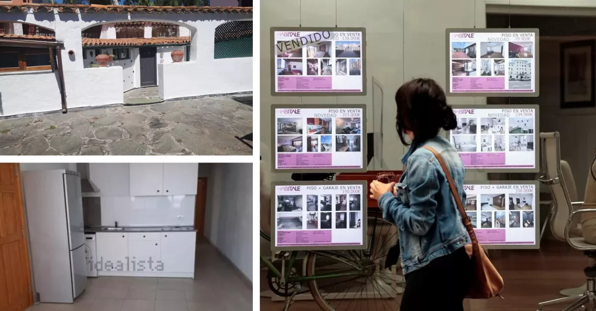 A la izquierda, dos imágenes de las viviendas en alquiler en Canarias; a la derecha, una joven mira pisos en una inmobiliaria / MONTAJE AH