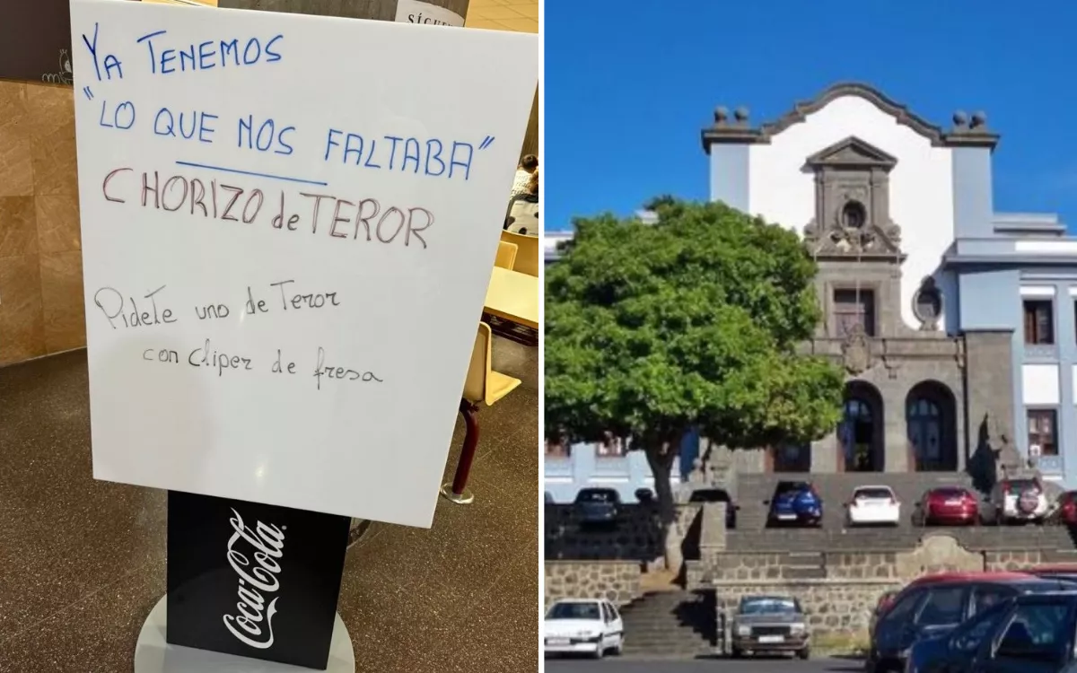 Cartel de uno de los bares de la ULL en el que anuncia que ya tiene lo que le faltaba: chorizo de Teror con Clipper de fresa. / MARIANO CEJAS (X)-ULL