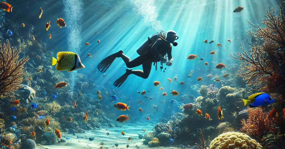 Imagen de un buceador rodeado de peces de colores generada con IA / DALL.E