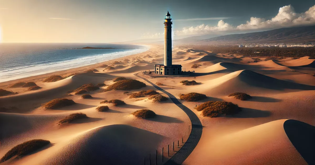 Imagen de un faro rodeado de dunas generada con IA / DALL.E