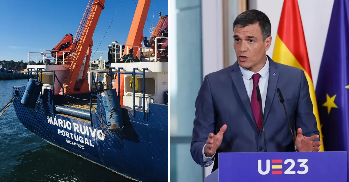 A la izquierda, el buque portugués; a la derecha, Pedro Sánchez / MONTAJE AH