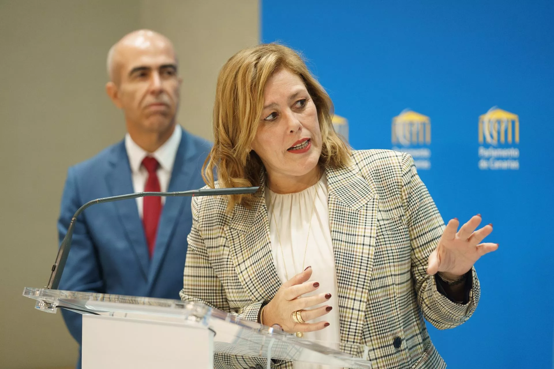 La presidenta del Parlamento de Canarias, Astrid Pérez, y el jefe de Tecnología de la Información de la institución, Francisco Chávez./ EFE