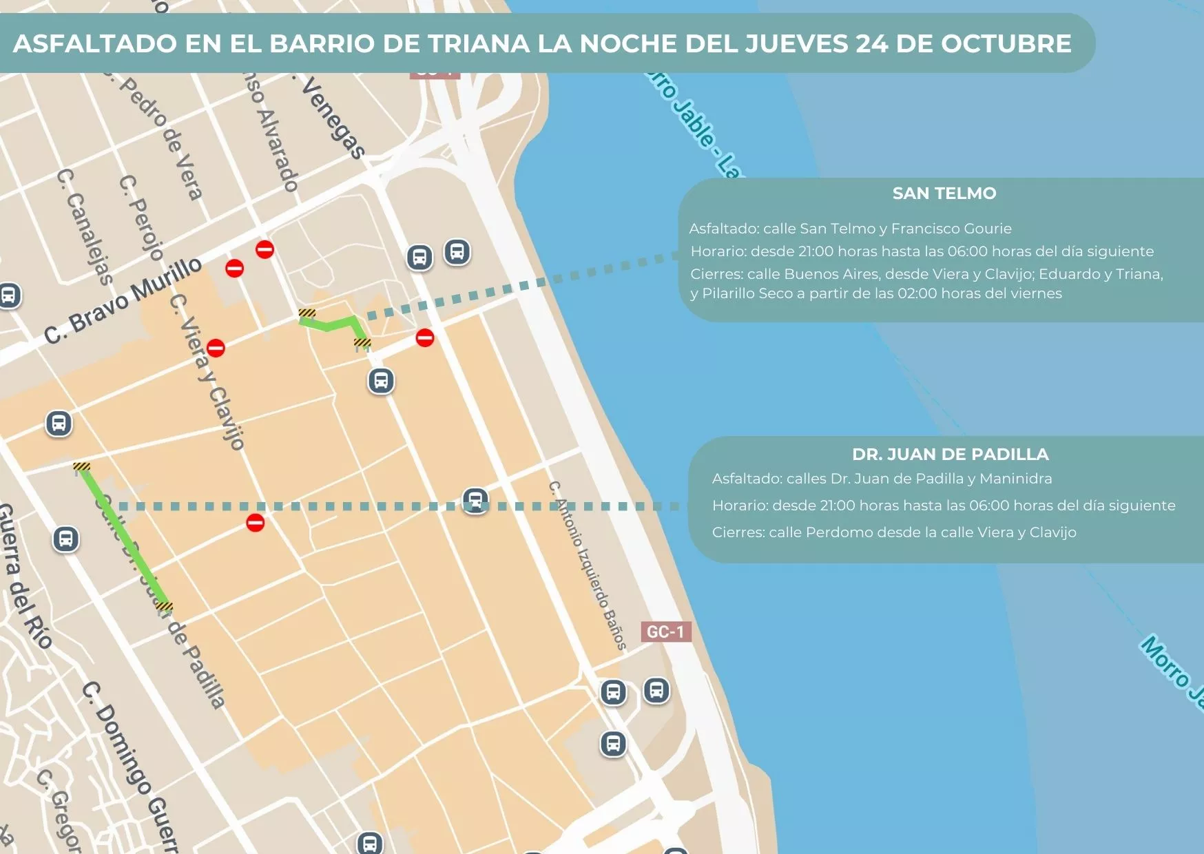 Mapa de asfaltado para la noche de este jueves en Triana. / A