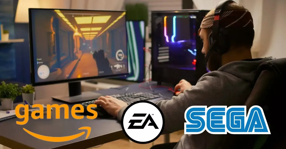 Una persona juega a un videojuego con los logos de Amazon Games, EA y SEGA./ MONTAJE AH