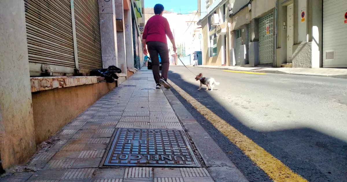 Una mujer pasea con su perro en la arqueta donde el pasado martes falleció un perro electrocutado. / ATLÁNTICO HOY