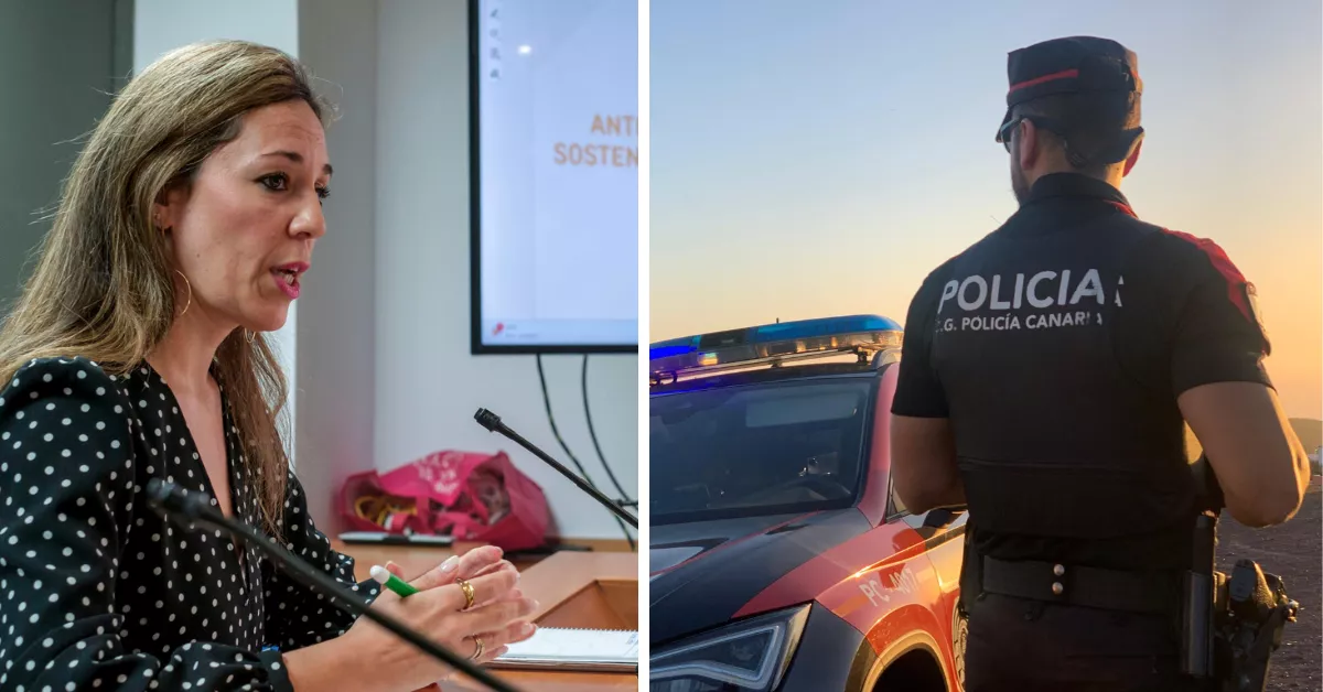 A la izquierda, la consejera de Turismo, Jéssica De León; a la derecha, un agente de la Policía Canaria / MONTAJE AH