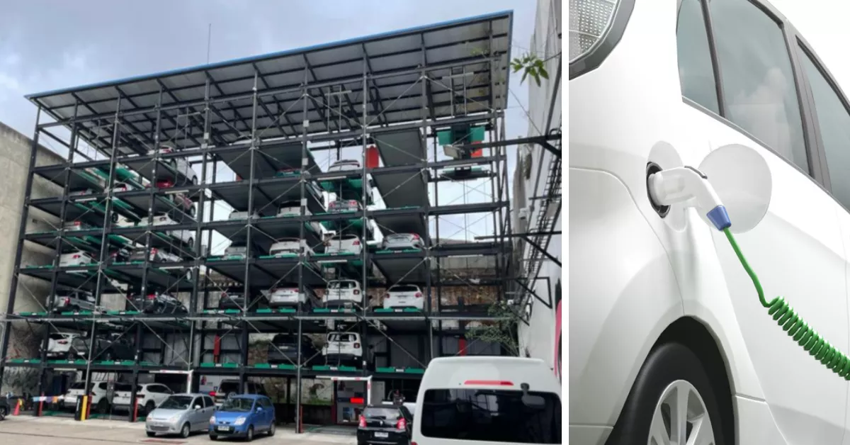 Torre 'Mecano' de aparcamiento automatizado como la que La Laguna quiere crear para vehículos eléctricos./ MONTAJE AH