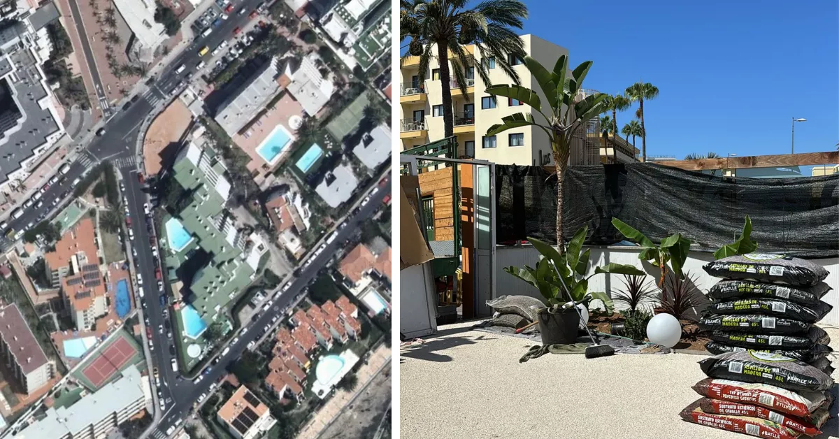 A la izquierda, vista aérea de Roca Verde; a la derecha, la presunta obra ilegal en la terraza / AH