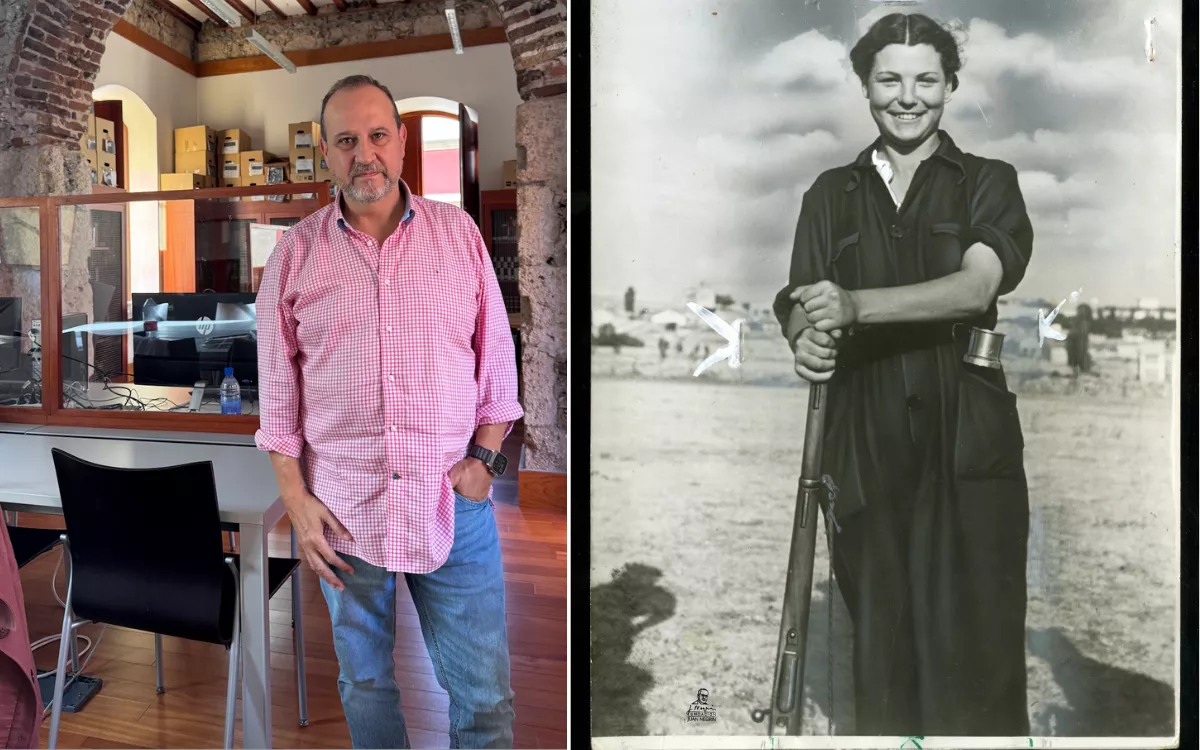 Negrín tomó el mando directo de la propaganda de guerra. En la imagen, a la izquierda, el historiador Francisco Sevillano; a la derecha, propaganda del bando republicano. / AH