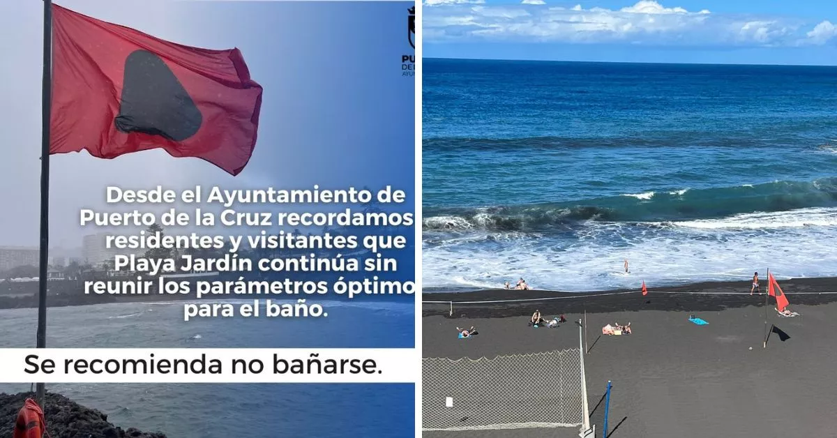 Publicación del Puerto de la Cruz recordando la no recomendación del baño y ciudadanos en la playa con la bandera de prohibición colocada / MONTAJE AH