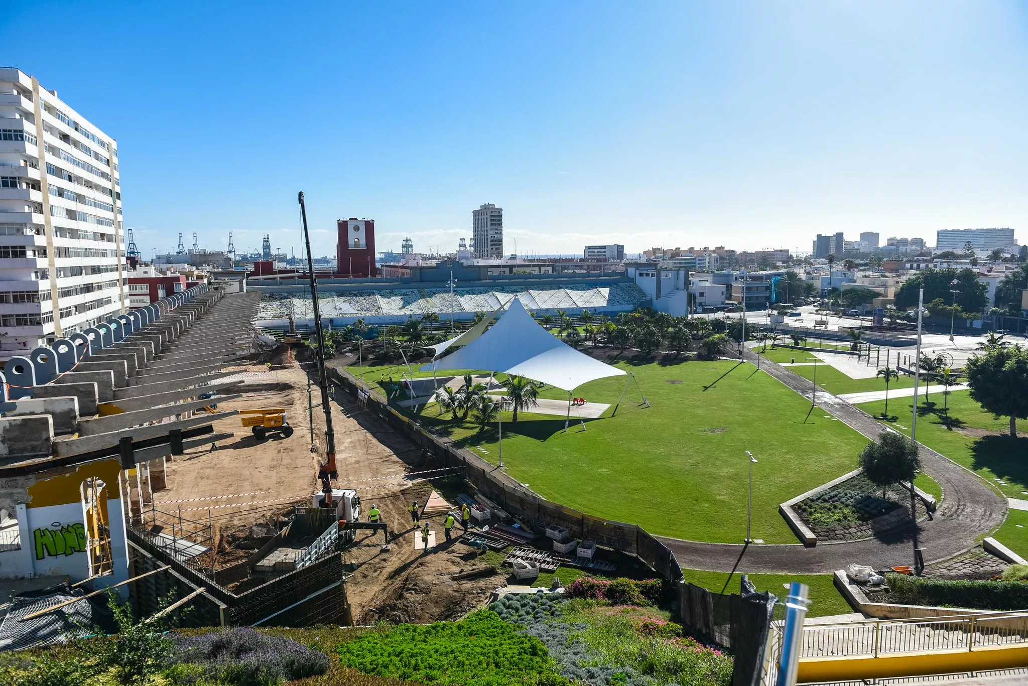 Varios colectivos planean encadenarse a los árboles del Insular para evitar su tala por el Carnaval. En la imagen, panorámica del parque durante la última intervención que se realizó en la grada de Tribuna. / CABILDO DE GRAN CANARIA