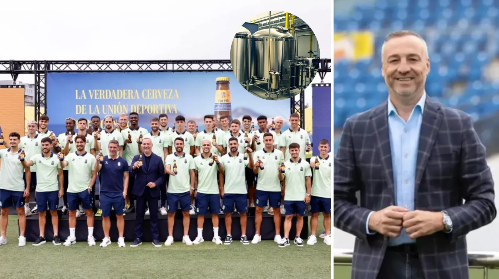 Miguel Ángel Ramírez y la UD Las Palmas presentan la cerveza Pío Pío./