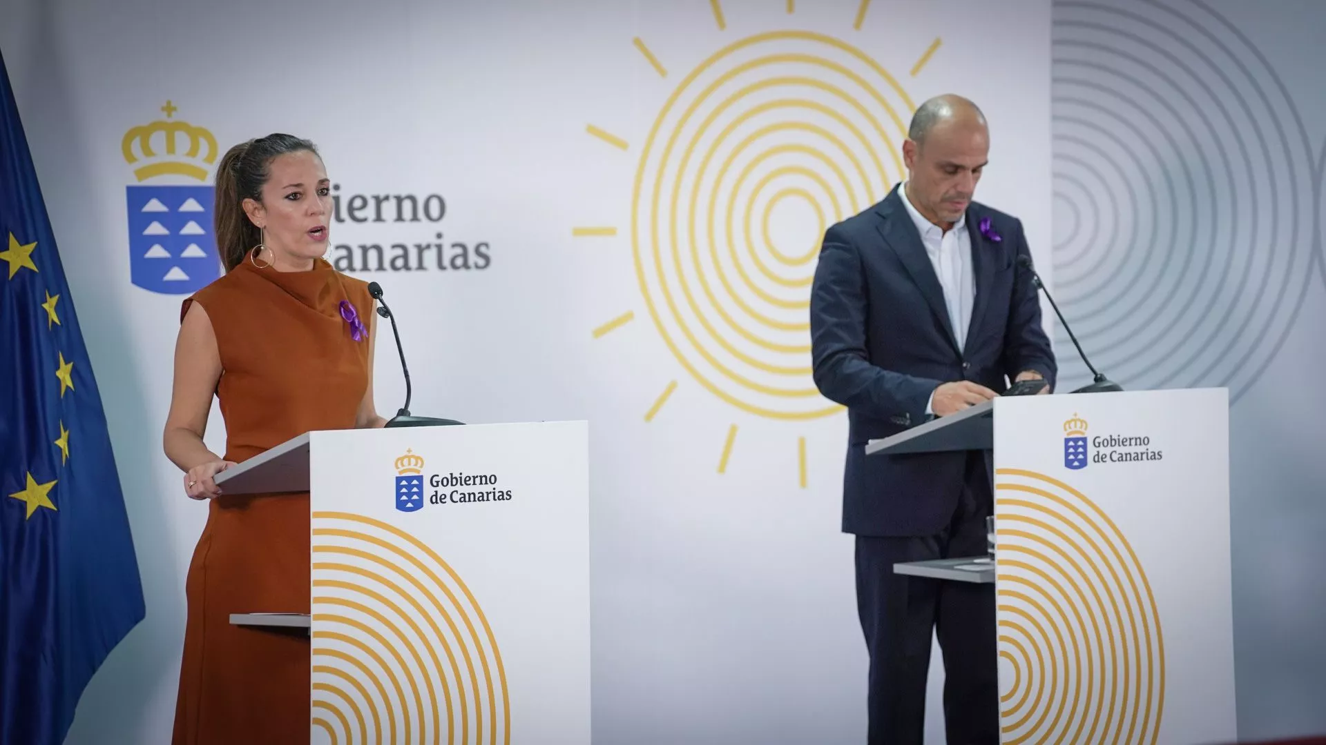 La consejera de Turismo y Empleo de Canarias, Jessica de León, y el viceconsejero de la Presidencia, Alfonso Cabello, en una rueda de prensa después del Consejo de Gobierno./ CEDIDA