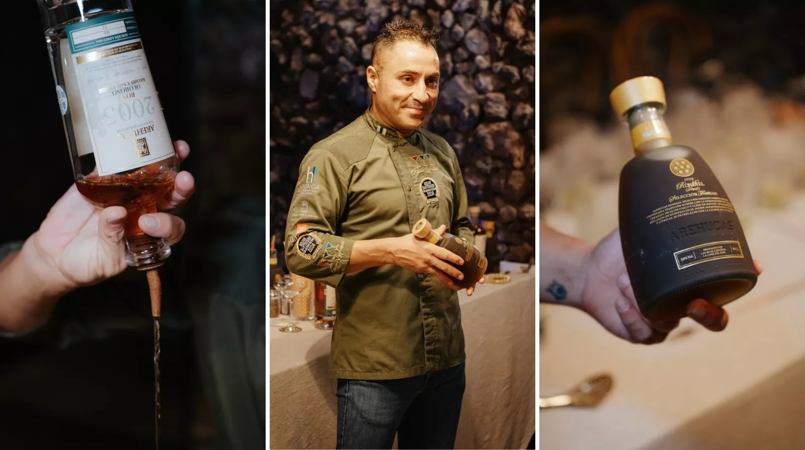 El embajador global de Arehucas, Óscar Lafuente, y las dos nuevas versiones del famoso ron canario./ CEDIDAS