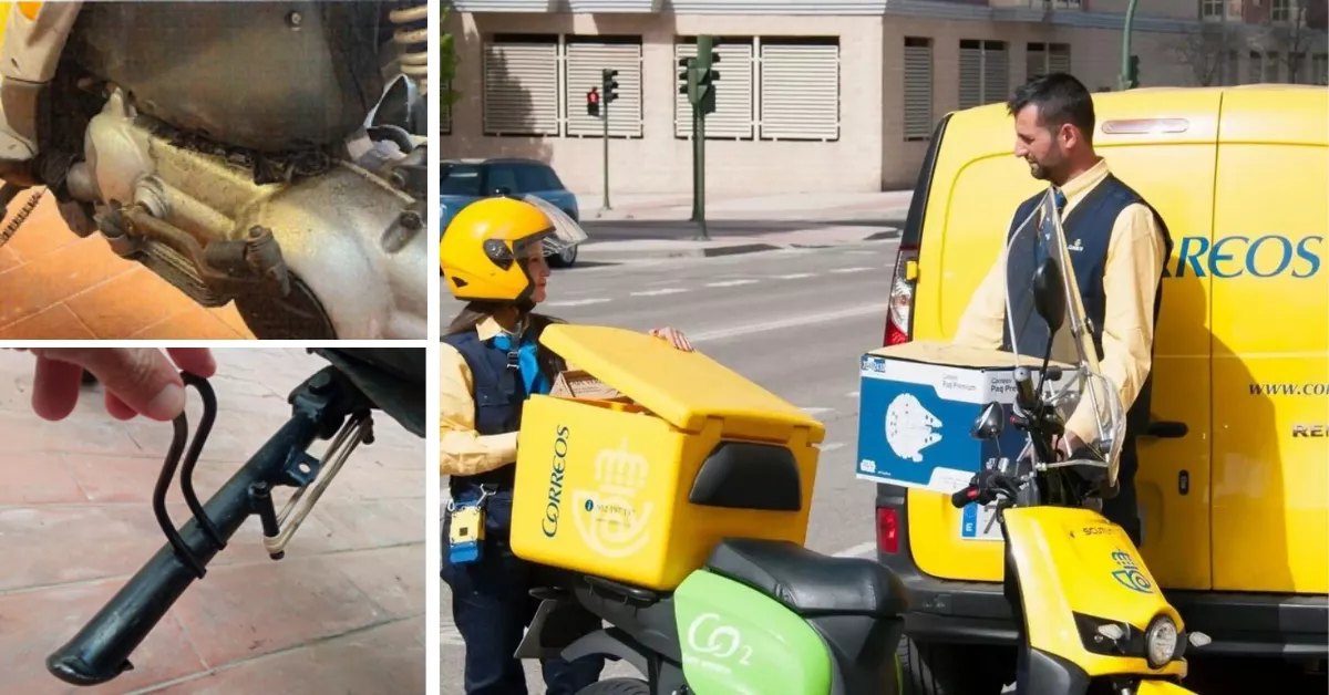 A la izquierda, dos imágenes del estado de las motos en Canarias; a la derecha, imagen de archivo de trabajadores de Correos / MONTAJE AH