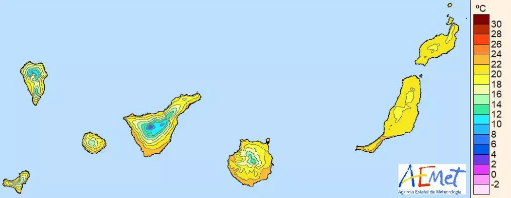 Mapa térmico de Canarias elaborado por la AEMET para noviembre de 2023./ AEMET