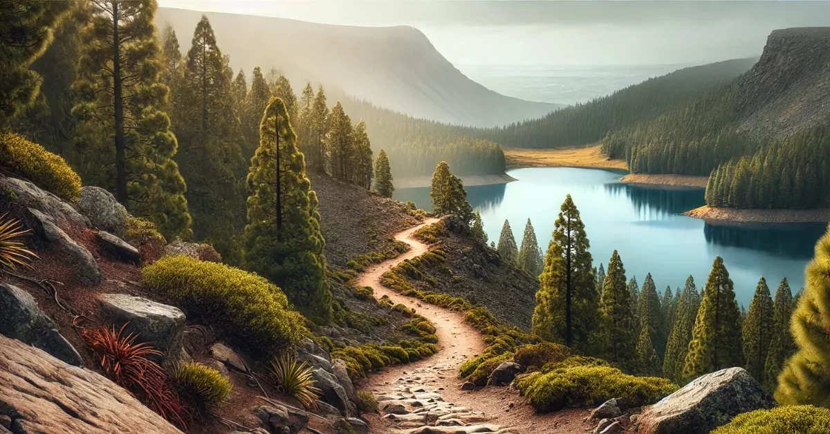 Imagen de un sendero con montaña, lago y naturaleza generada con IA / DALL.E - AH