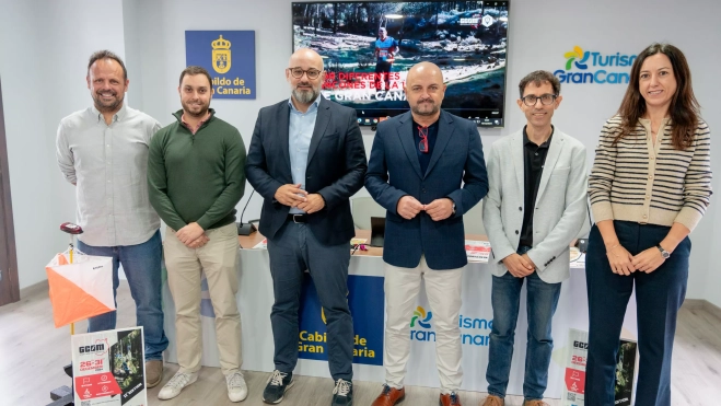 Ulises Ortiz, Eloy García, Aridany Romero, Carlos Álamo, José Luis Echevarria y Leticia López, durante la presentación del GCOM 2024. / AH