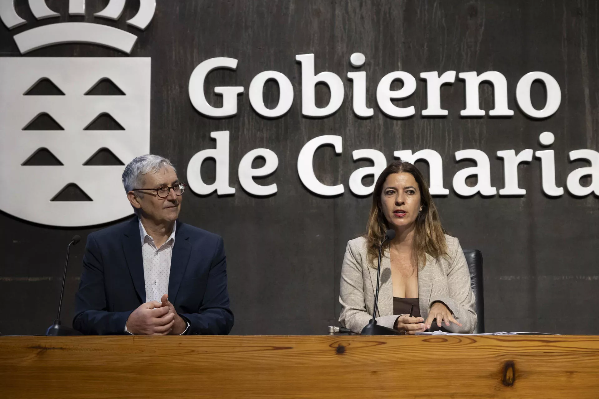 La viceconsejera de Empleo del Gobierno de Canarias, Isabel León (d), y el director del Observatorio Canario de Empleo (Obecan), Luis Prieto (i), presentaron este martes el estudio sobre el Mercado Local de Trabajo (MLT) en Tenerife./ EFE/ Miguel Barreto