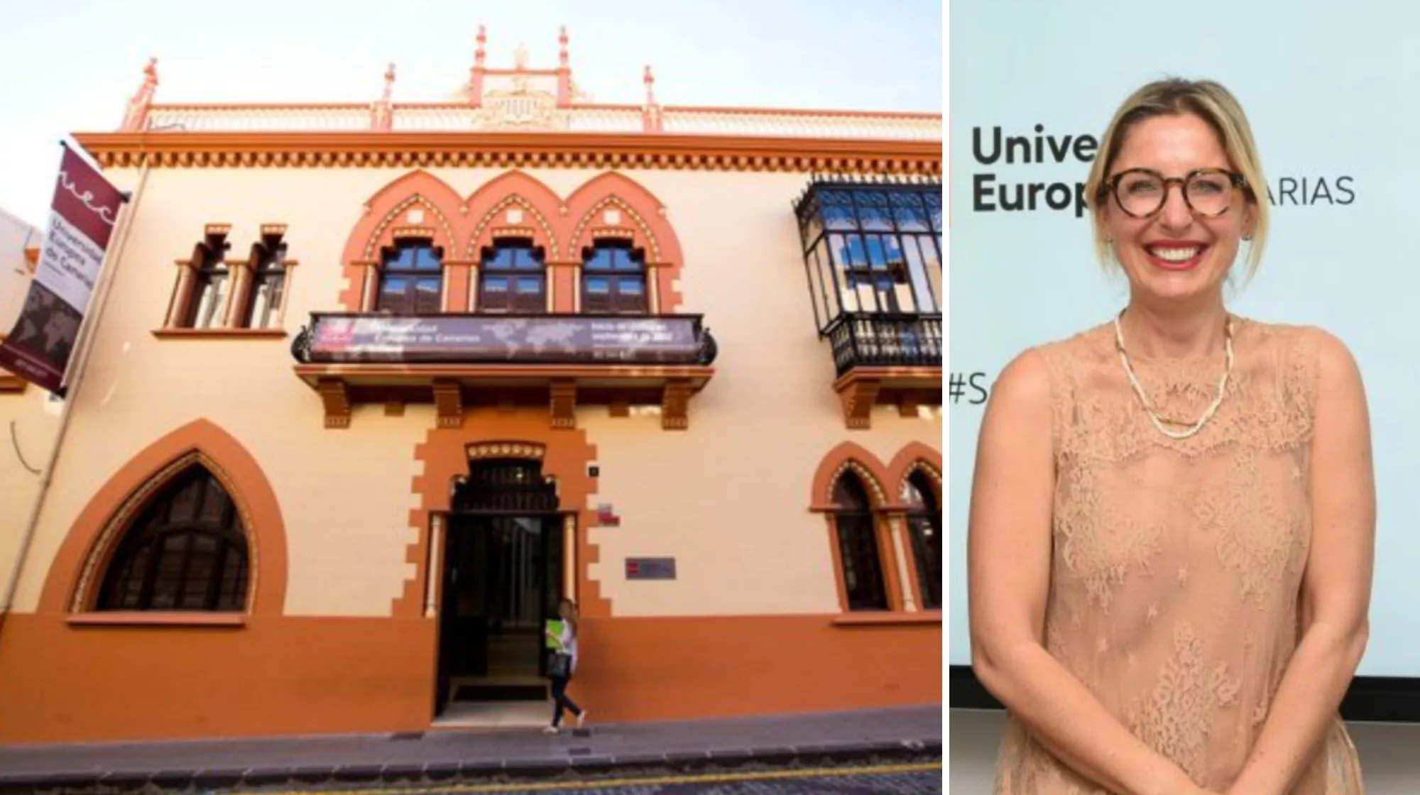 Sede de la Universidad Europea de Canarias (donde se ubica la nueva empresa) y Cristiana Oliveira, rectora de la universidad y administradora mancomunada de la nueva sociedad./