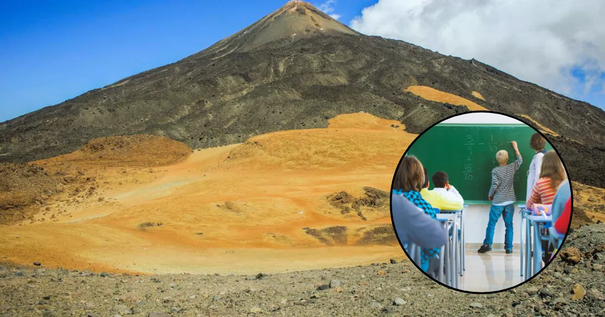 Imagen del Teide junto a unos alumnos dando clase. / MONTAJE AH 