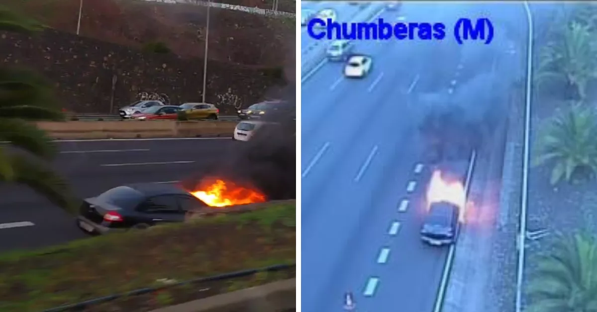 Un coche se incendia en la TF-5 entre Santa Cruz y La Laguna este martes 17 de diciembre./ MONTAJE AH