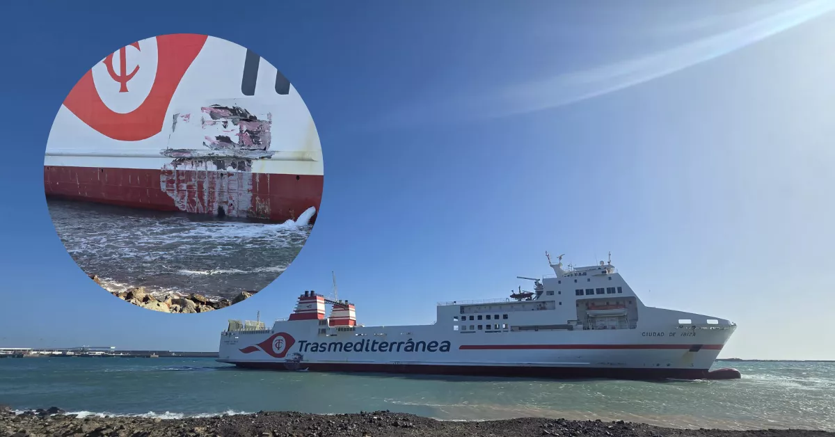 Buque 'Ciudad de Ibiza' de Naviera Armas-Trasmediterránea, encallado en el puerto de Las Palmas tras chocar con una escollera./ AH