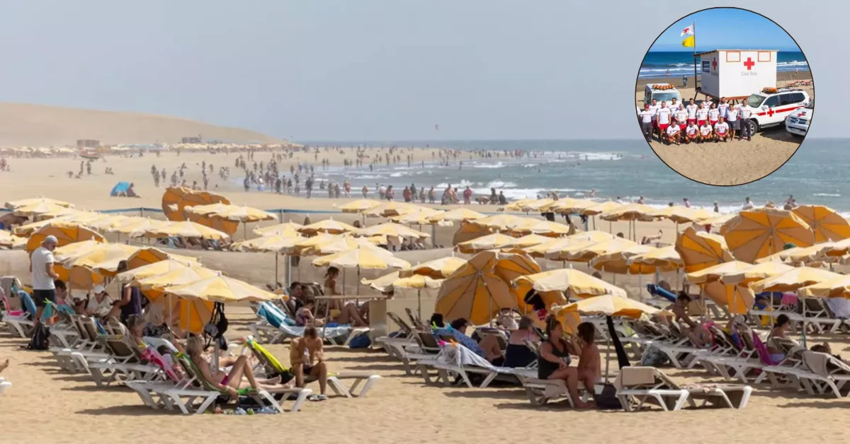 En la imagen, playa del Inglés y un equipo de socorristas de San Bartolomé de Tirajana / MONTAJE AH