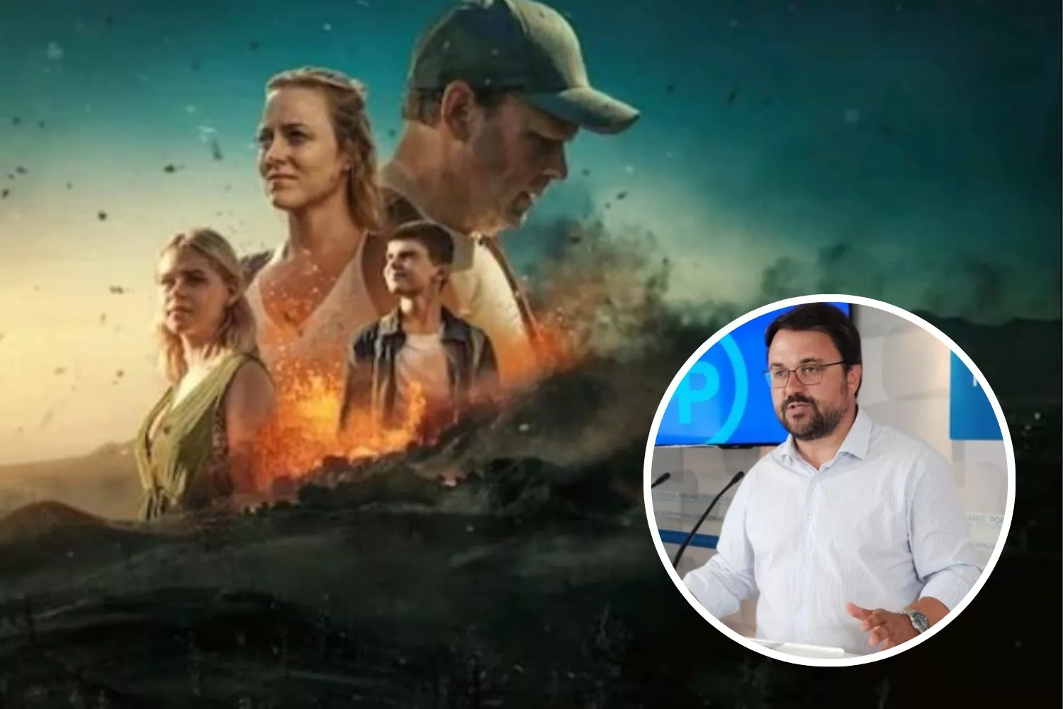El cartel de la serie de Netflix 'La Palma' junto a una imagen del alcalde de la capital, Asier Antona. / AH